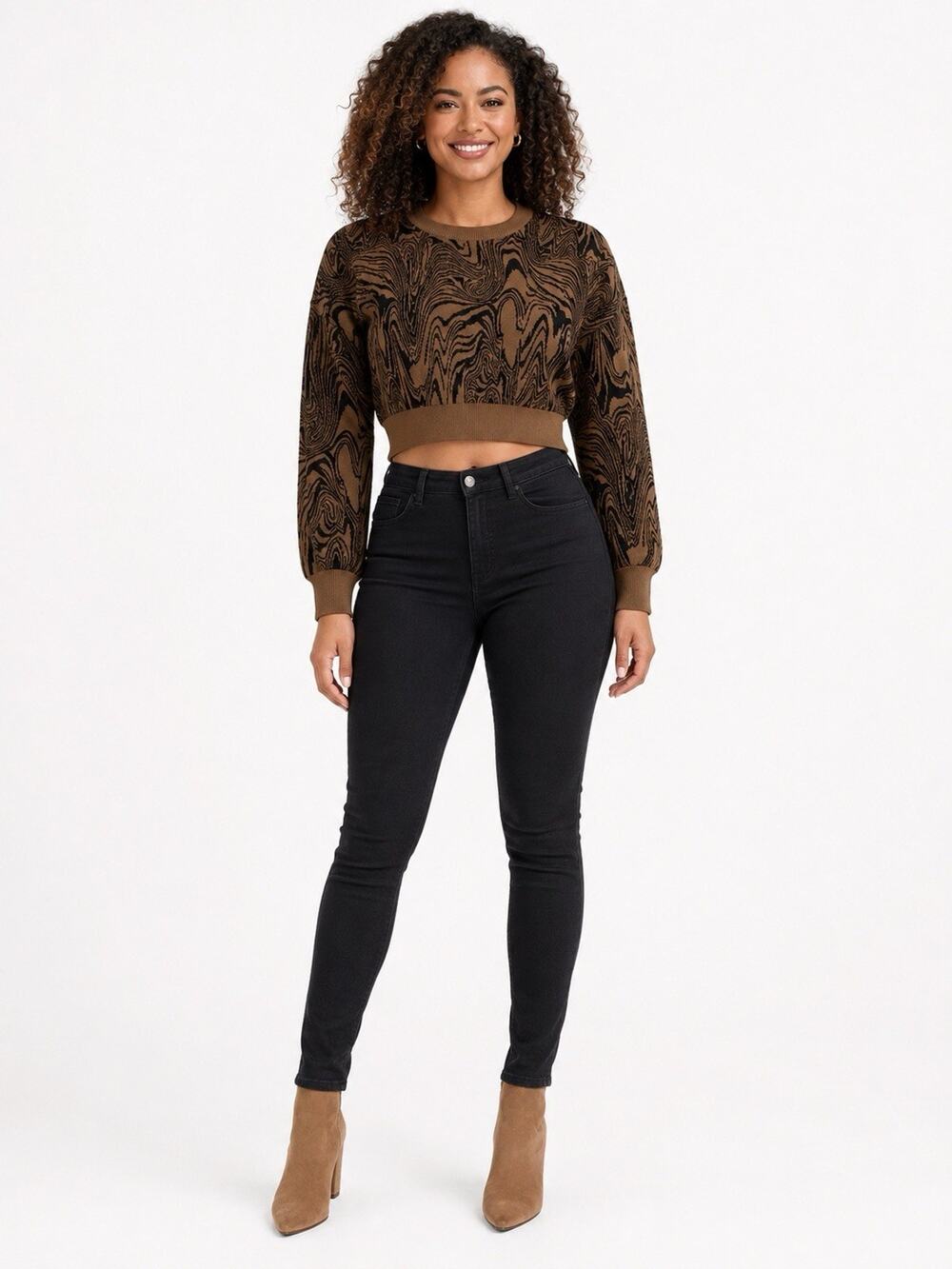 Good American Swirl Intarsia Boxy Sweater Women’s 5/6 Brown Black Cropped